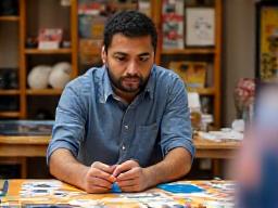 Diseñador de juegos de mesa explicando su creación